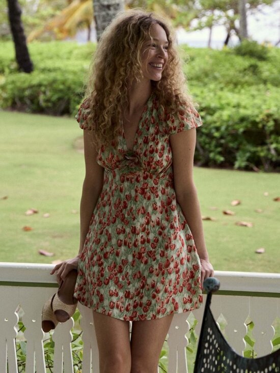 Doen Dresses & Skirts - Doen Floral Mini Dress in Mint Green and Red